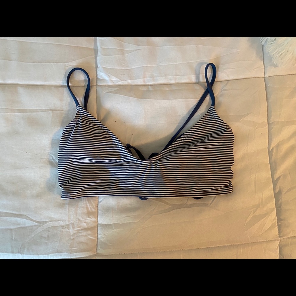 Blue and white striped bathing suit top